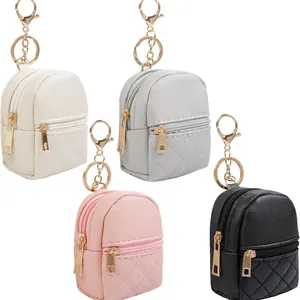 Four-color mini PU leather backpack coin purses with quilted pattern and gold keychains