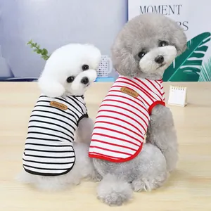 Close-up of cute small dogs wearing red and black striped breathable cotton summer vests