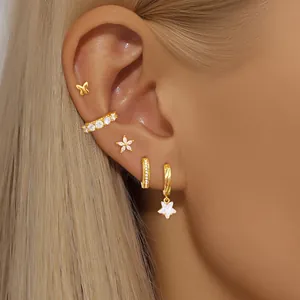 Luxury Gold-Plated Copper Rhinestone Butterfly Star Flower Stud Earrings Ear Cuff Butterfly Star Flower Jewelry For Women