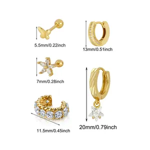 Gold butterfly and star crystal earring set with detailed size measurements in mm and inch