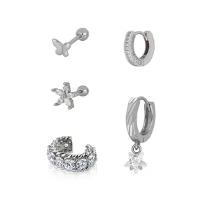 Set of silver butterfly and star flower earrings with sparkling rhinestones and ear cuff.