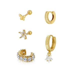 Gold-plated earring set with butterfly and star rhinestone charms