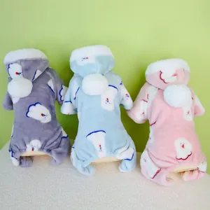 Weiche Fleece-Haustierpyjamas mit Kapuze in Grau Blau und Rosa mit Pompon für kleine Hunde