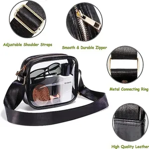 Detailed features of clear PVC crossbody bag with smooth zipper and adjustable strap