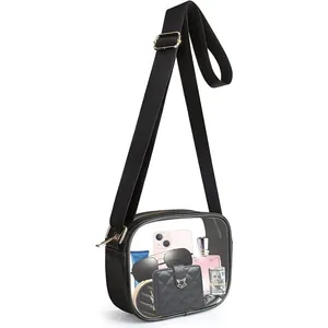 Transparent PVC crossbody bag shown with phone and wallet for travel usage details