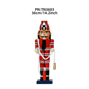 36cm wooden firefighter nutcracker doll figurine with red uniform and rope accessory
