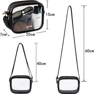 Transparent PVC crossbody bag with adjustable strap and size measurements in cm