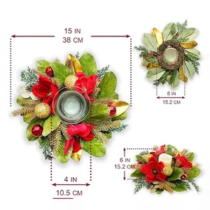 Detailansicht der 38 cm Maße für den Weihnachts-Kerzenhalterkranz mit roten Blumen
