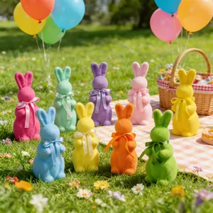 Figurine de Lapin Floconné de Pâques Statue de Lapin en Mousse Avec Nœud en Soie Décoration de Table pour Fête de Pâques Cadeau