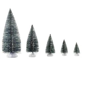 Set of five mini snow-flocked Christmas trees in varying sizes on white background.