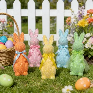 Easter Bunny Figurine Glitter Sequin PU Rabbit Ornament With Bow Macaron Color Home Festival Desktop Decorative Gift
