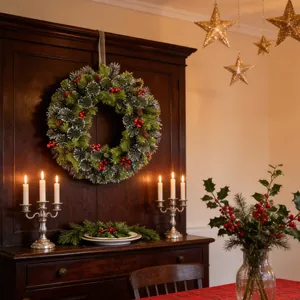 Festive Christmas wreath with pine needles and red berries displayed in a cozy home setting