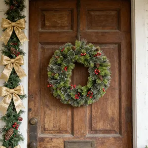 Festive Christmas wreath with pinecones and red berries on a rustic wooden door.