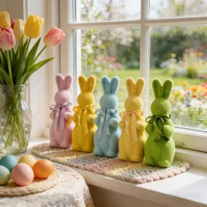 Lot de cinq figurines de lapin de Pâques floquées colorées pour décoration printanière