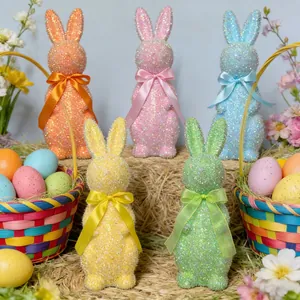 Five sparkling glitter Easter bunny figurines in assorted colors for festive home decor