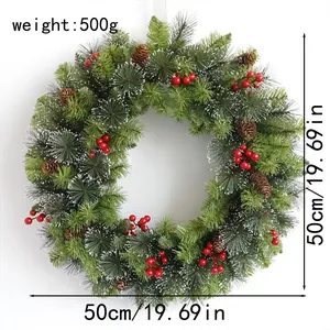 Large Christmas wreath details showing 50cm diameter with pine cones and red berries