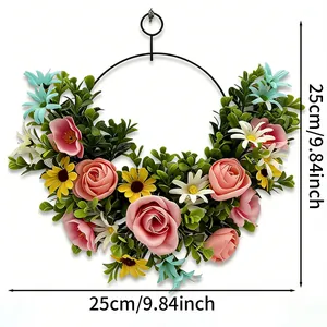 Colorful artificial flower wreath with roses and daisies, size 25cm for wall decor.