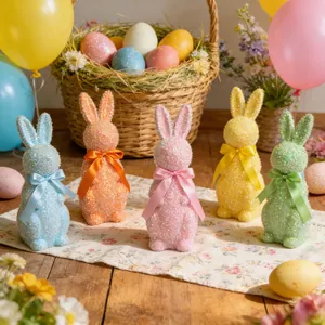 Set of five glittery Easter bunny figurines in vibrant colors for festive home table decor