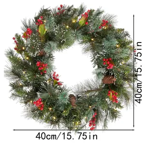 40 cm Weihnachtskranz mit Zapfen, roten Beeren und warmen LED-Lichtern für Tür