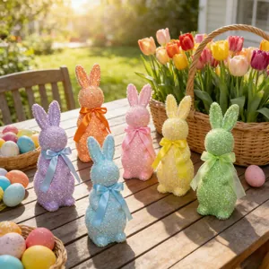 Detailed view of colorful glitter Easter bunny figurines displayed in a garden setting