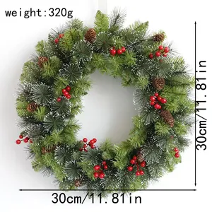 30cm artificial Christmas wreath with pine needles red berries and pine cones details