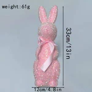 Sparkling pink glitter Easter bunny ornament with decorative ribbon bow 33cm tall
