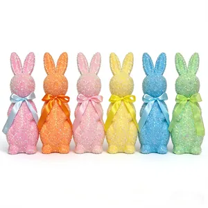 Decorative set of six colorful glitter Easter bunny figurines with matching satin ribbons