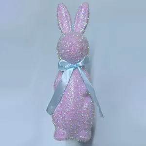 Pink glittery Easter bunny ornament with blue satin ribbon bow for home decor gift