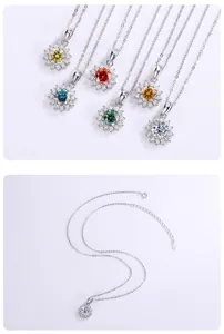 Detailansicht von S925 Silber Sonnenblumen Anhänger Halsketten mit Moissanit Steinen