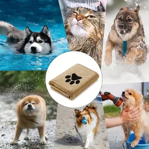 Collage showing absorbent microfiber pet towel for various pet drying scenarios.