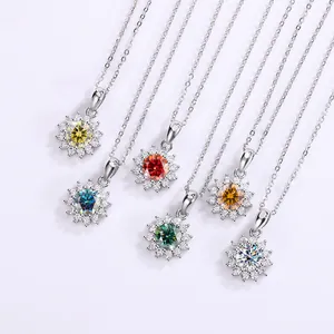 Elegante S925 Silber Sonnenblumenketten mit bunten Moissanit-Anhängern für Damen