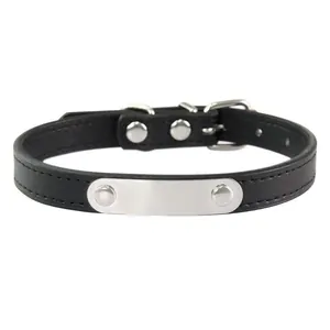 Collare regolabile per cani in pelle nera con targhetta identificativa in metallo argento