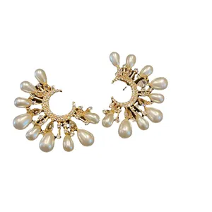 Elegant S925 silver needle crescent earrings with micro-pave crystals and teardrop pearls