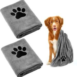 Super absorbent grey microfiber pet bath towel with cute black paw print pattern