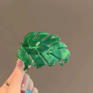 Niche Acetate Monstera Leaf Hair Claw Clip For Women Fashion Green Marble Texture Shark Clip Hair Accessories Daily Commute Gift
