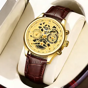Detailed view of Wokai men's sports watch with gold dial and brown leather strap