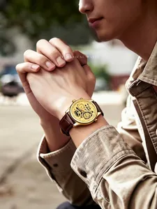 Detailed view of the Wokai men's quartz sports watch with a stylish brown leather strap