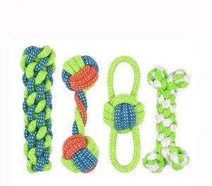 Close-up of four durable cotton rope toys for dogs in vibrant colors