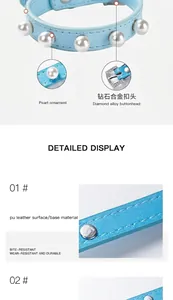 Close-up of light blue PU leather pet collar featuring elegant pearls and shiny buckle.