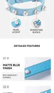 Close-up of light blue PU leather pet collar featuring elegant pearls and shiny buckle.