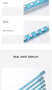 Close-up detail of durable silver rivets and elegant pearls on blue PU leather pet collar