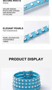 Close-up detail of durable silver rivets and elegant pearls on blue PU leather pet collar
