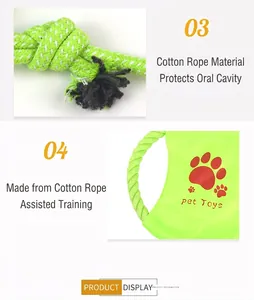 Close-up detail of durable green cotton rope dog toy showing material and training handle design