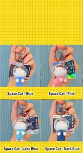 Detailed view of four cute space cat keychains in blue, pink, cyan, and navy blue.