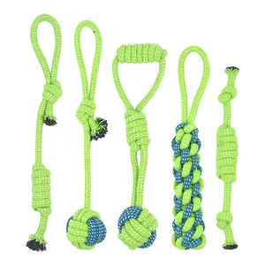 Durable 5-piece dog rope toy set for teething and cleaning teeth in green and blue