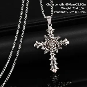 Close-up of vintage titanium steel rose cross pendant necklace with size specifications