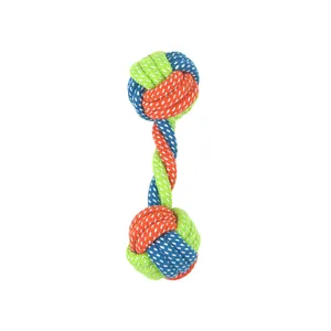 Detailed close-up of a colorful braided cotton rope dog toy for chewing and molar cleaning.