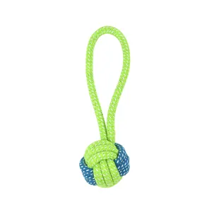 Durable green and blue knotted cotton rope dog toy with a loop handle for tugging and playing
