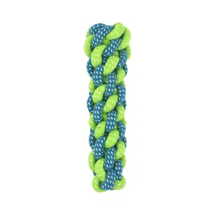 Detailed view of braided green and blue cotton rope dog toy for dental cleaning