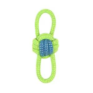 Close-up of durable neon green and blue braided cotton rope toy for pet dog chewing